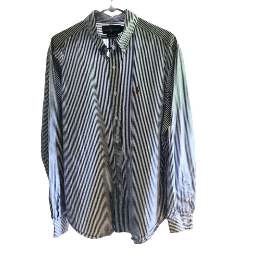Vintage Ralph Lauren Shirt Blue White Stripe Red Pony Classic Fit Mens Size L